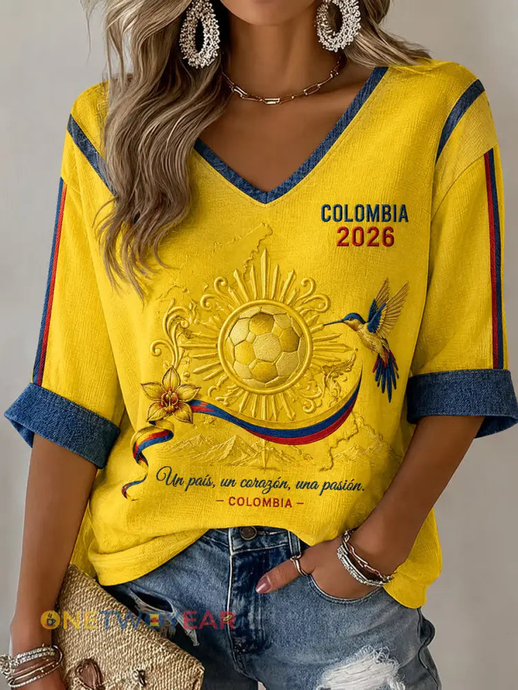 Camiseta Casual con cuello en V 2026 Colombia Soccer para mujer - como imagen / S