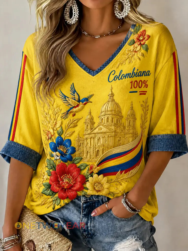 Camiseta casual con cuello en V para mujer Columbia Independence Day - como imagen / S