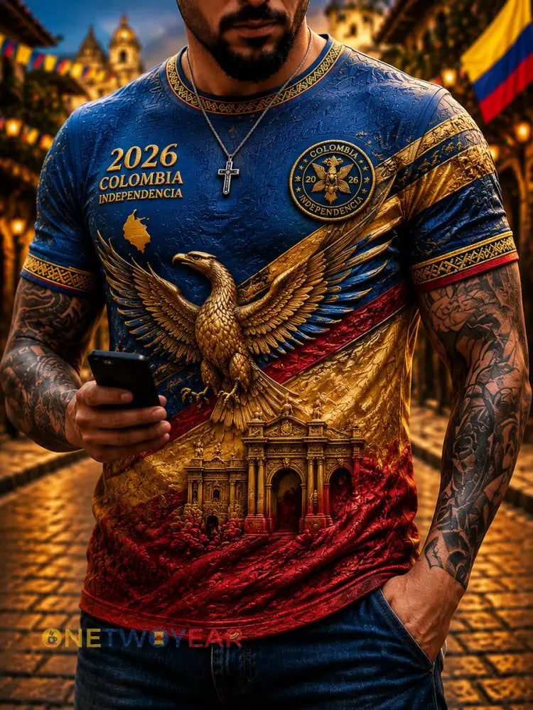 Camiseta casual retro del cóndor andino del día de la independencia de Columbia para hombre - como imagen / S