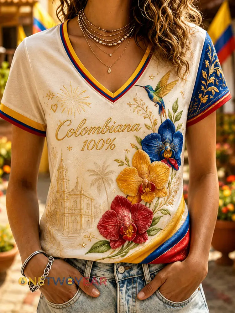 Camiseta con cuello en V Columbia Independence Day Art para mujer - como imagen / S