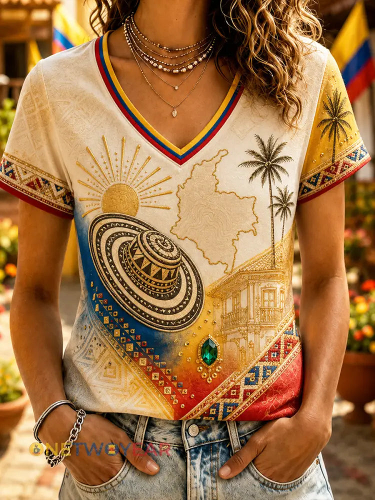 Camiseta con cuello en V Columbia Independence Day Map Art para mujer - como imagen / S