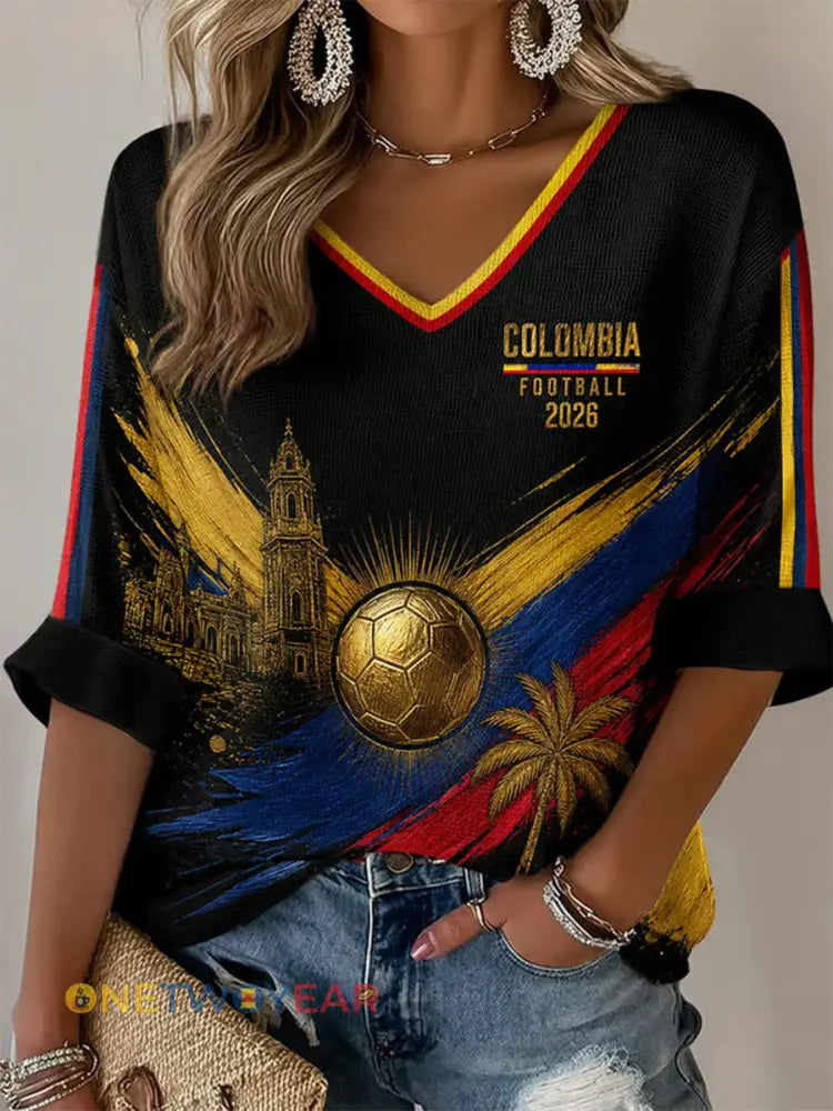 Camiseta de mujer 2026 Colombia Football Print Casual Waffle - como imagen / S