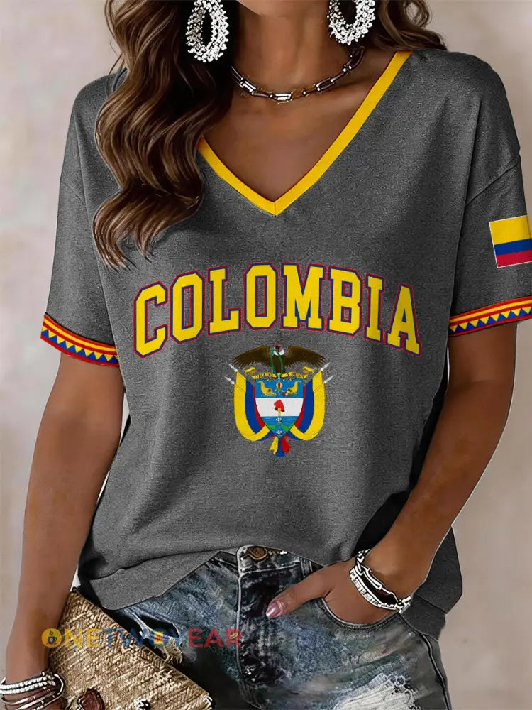 Camiseta de mujer con cuello en V de Colombia - gris / S