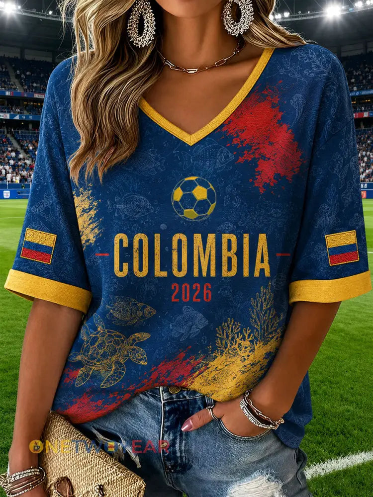 Camiseta de waffle informal de fútbol para mujer con estampado y manga corta modelo 2026 colombiano - como imagen / S