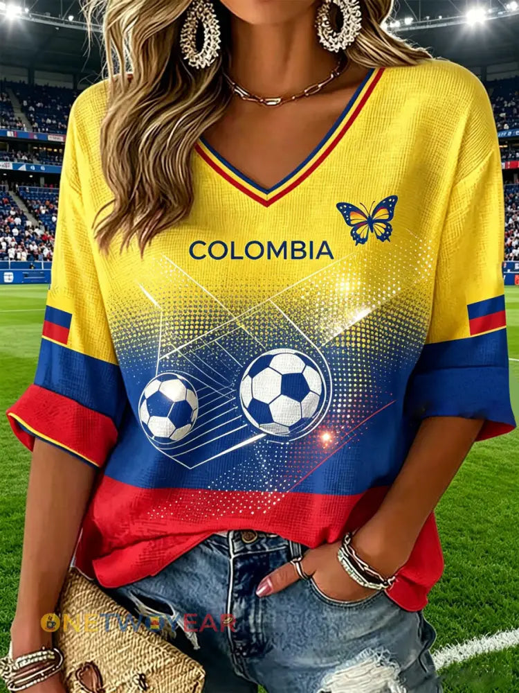 Camiseta informal de estilo futbolístico colombiano para mujer - como imagen / S