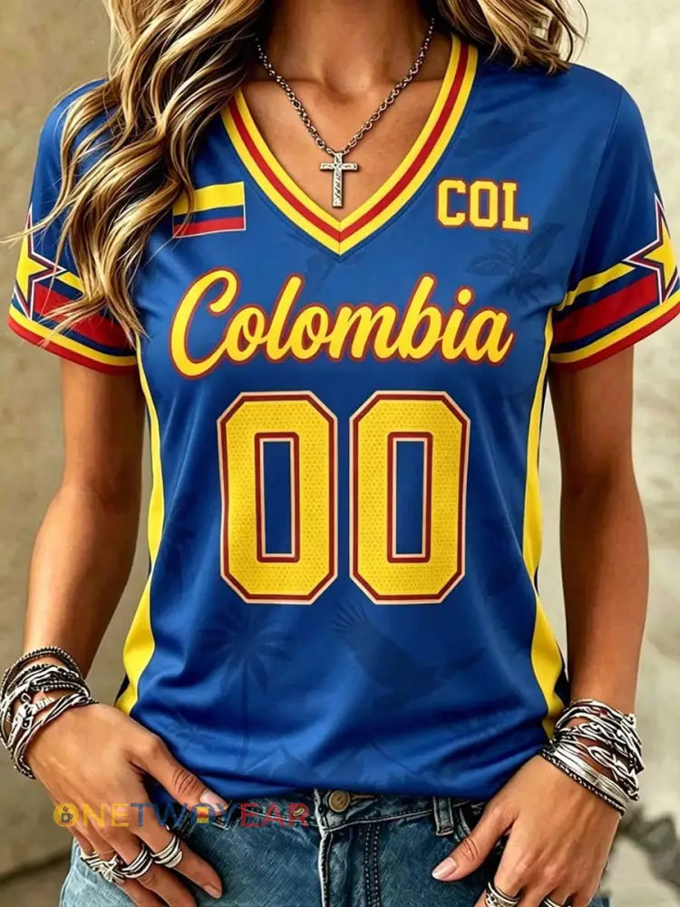 Camiseta informal de fútbol colombiano para mujer con estampado y manga corta - como imagen / S