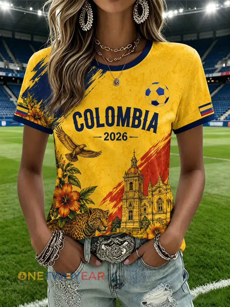 Camiseta informal de fútbol colombiano para mujer estampada y de manga corta - como imagen / S