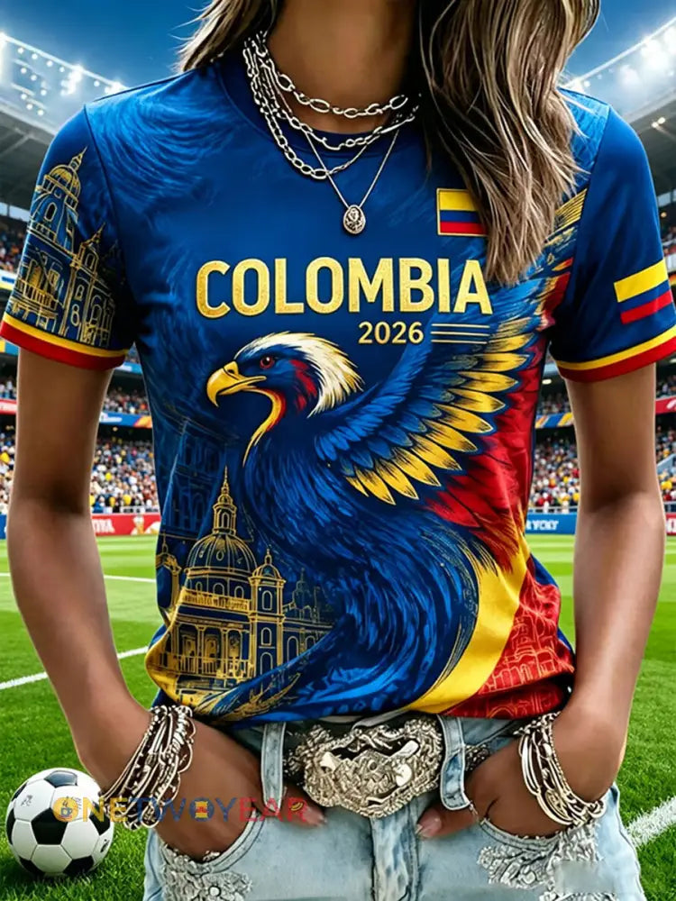 Camiseta informal de fútbol colombiano para mujer estampada y de manga corta - como imagen / S