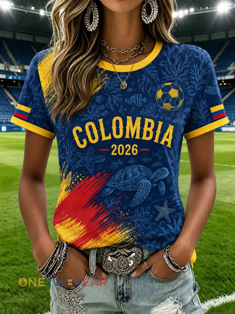 Camiseta informal de fútbol colombiano para mujer estampada y de manga corta - como imagen / S