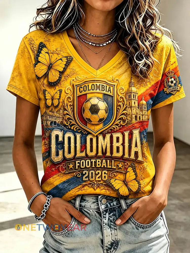 Camiseta informal de fútbol para mujer estilo colombiano estampada y de manga corta año 2026 - como imagen / S