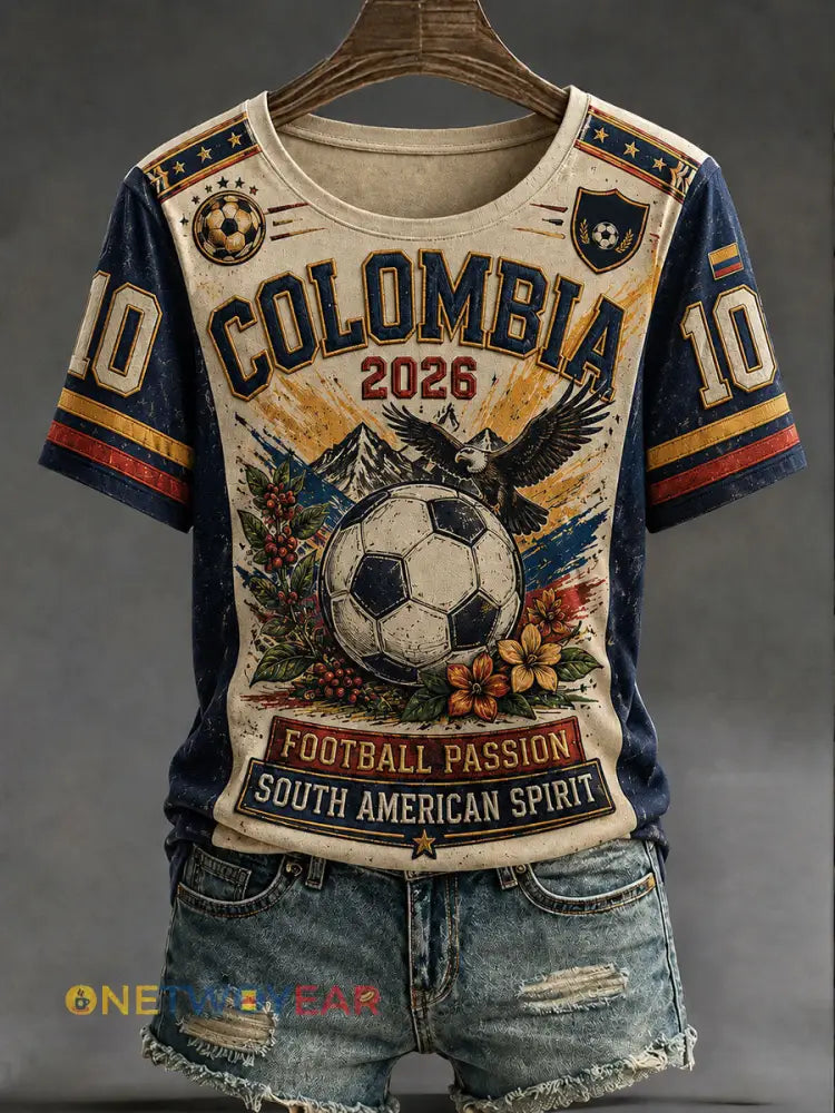 Camiseta informal estampada de fútbol de Colombia 2026 para mujer - azul / S