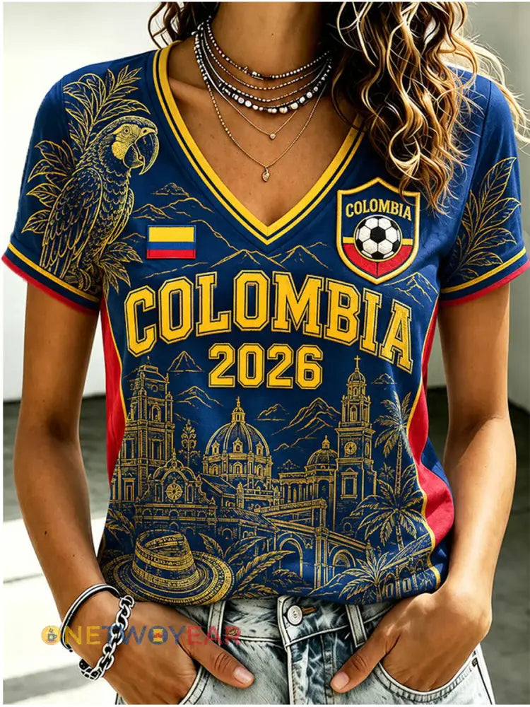 Camiseta informal estampada de fútbol de Colombia 2026 para mujer - como imagen / S
