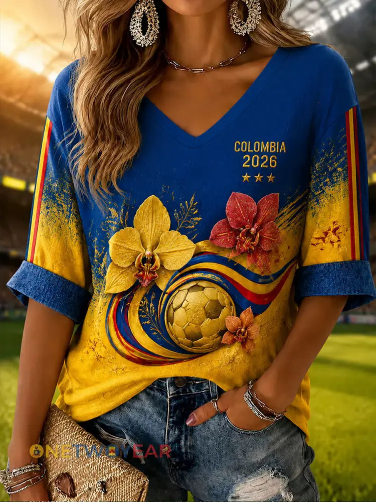 Camiseta informal estampada de fútbol de Colombia 2026 para mujer - como imagen / S