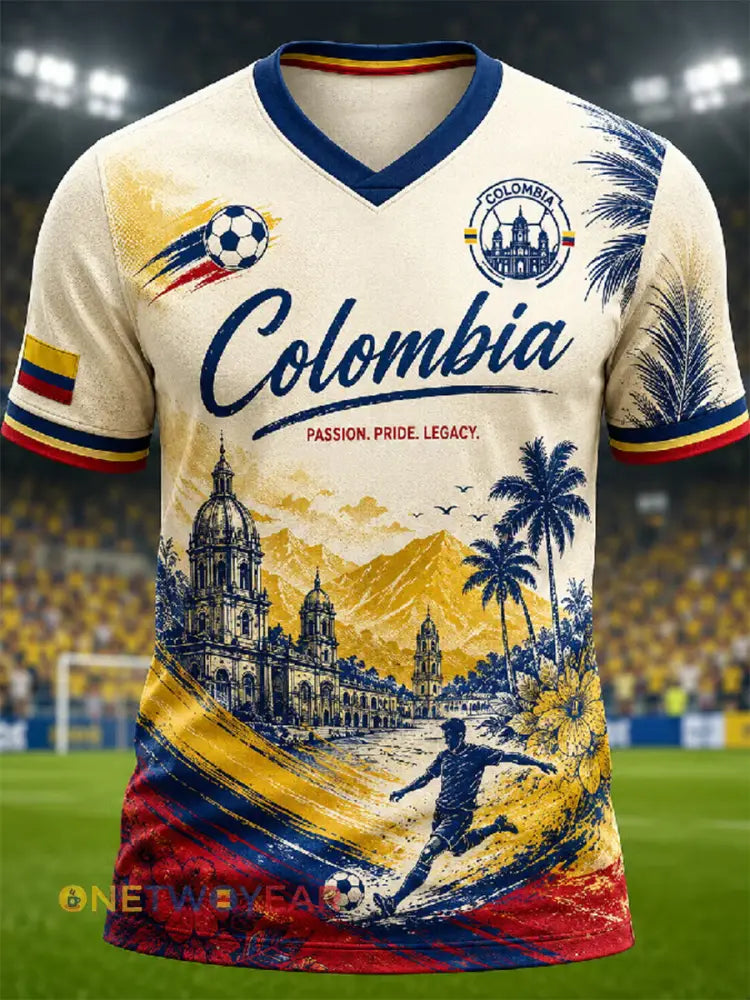 Camiseta unisex de fútbol colombiano 2026 para hombre casual y estampada con cuello en V - como imagen / S