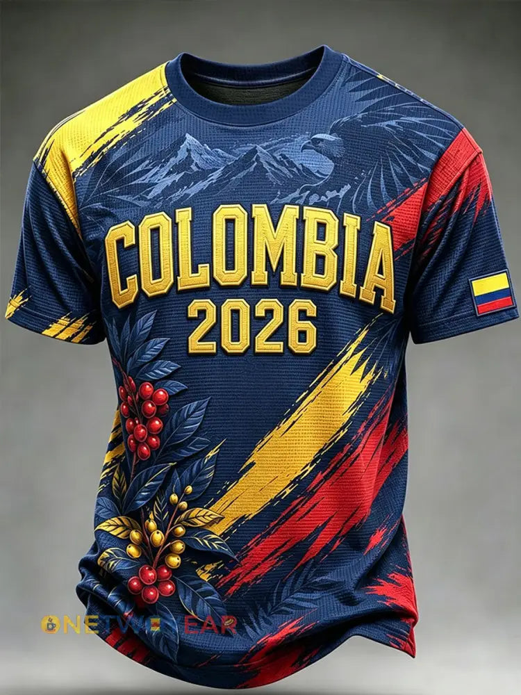 Los hombres de Fútbol Colombiano Casual Imprimir Waffle Manga Corta - como imagen / S