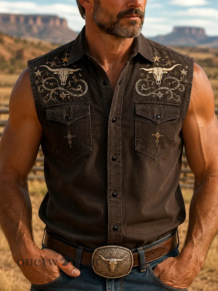 Men’s Retro Western Bull Skull Print Sleeveless Shirt - Dark Brown / S