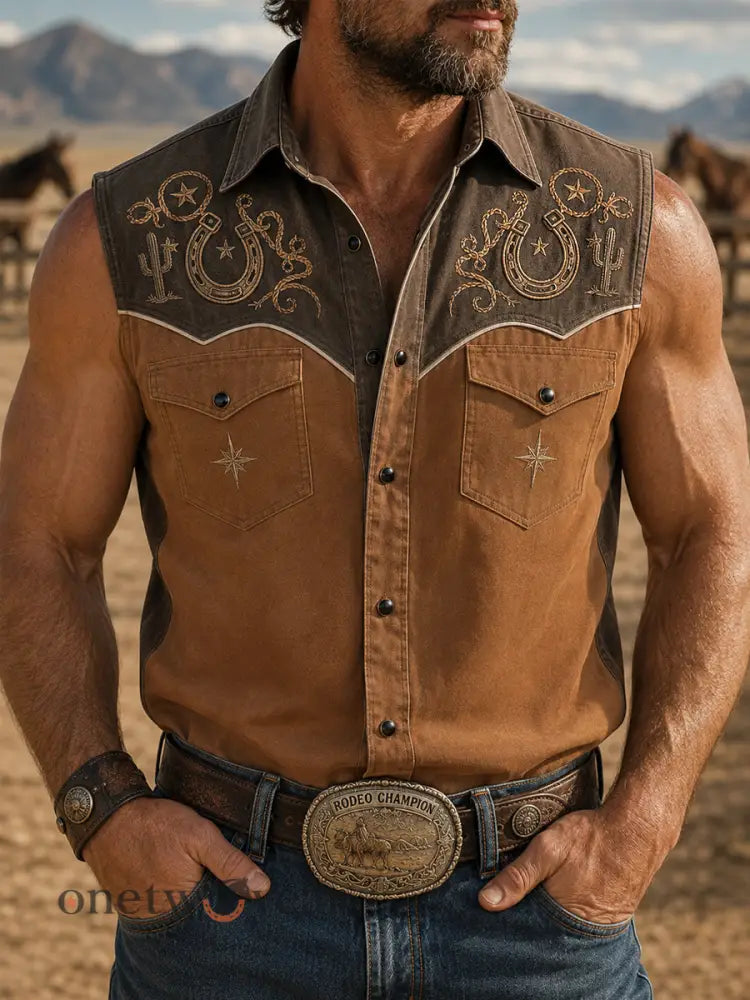 Men’s Retro Western Print Sleeveless Shirt - Brown / S
