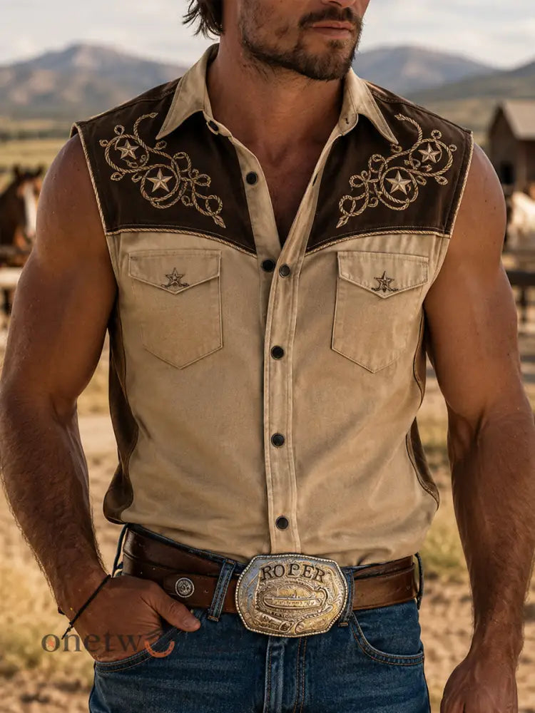 Men’s Retro Western Print Sleeveless Shirt - Khaki / S
