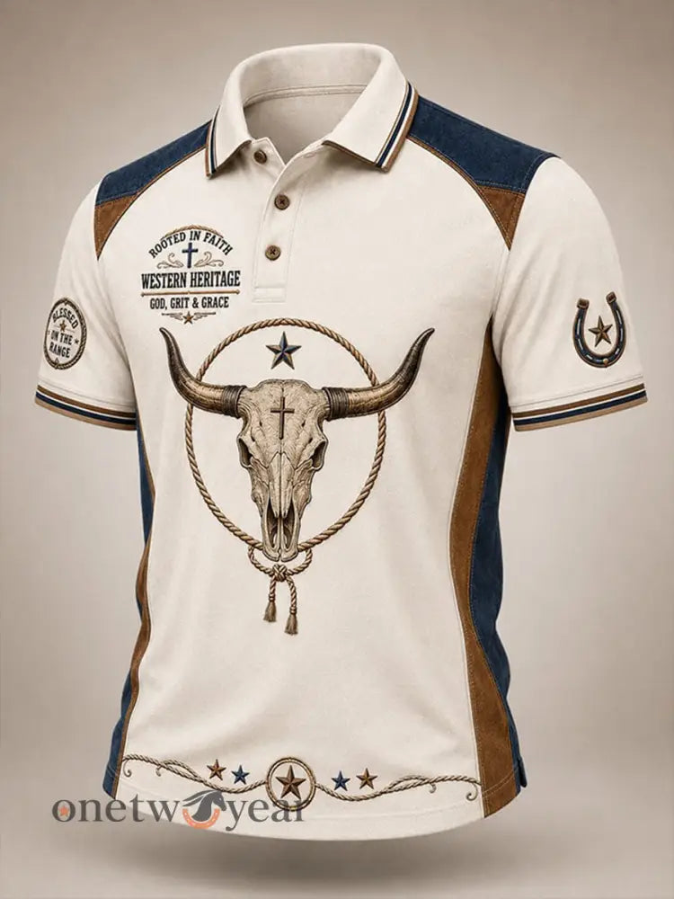 Men’s Rooted In Faith Western Bull Skull Shirt - Beige / S