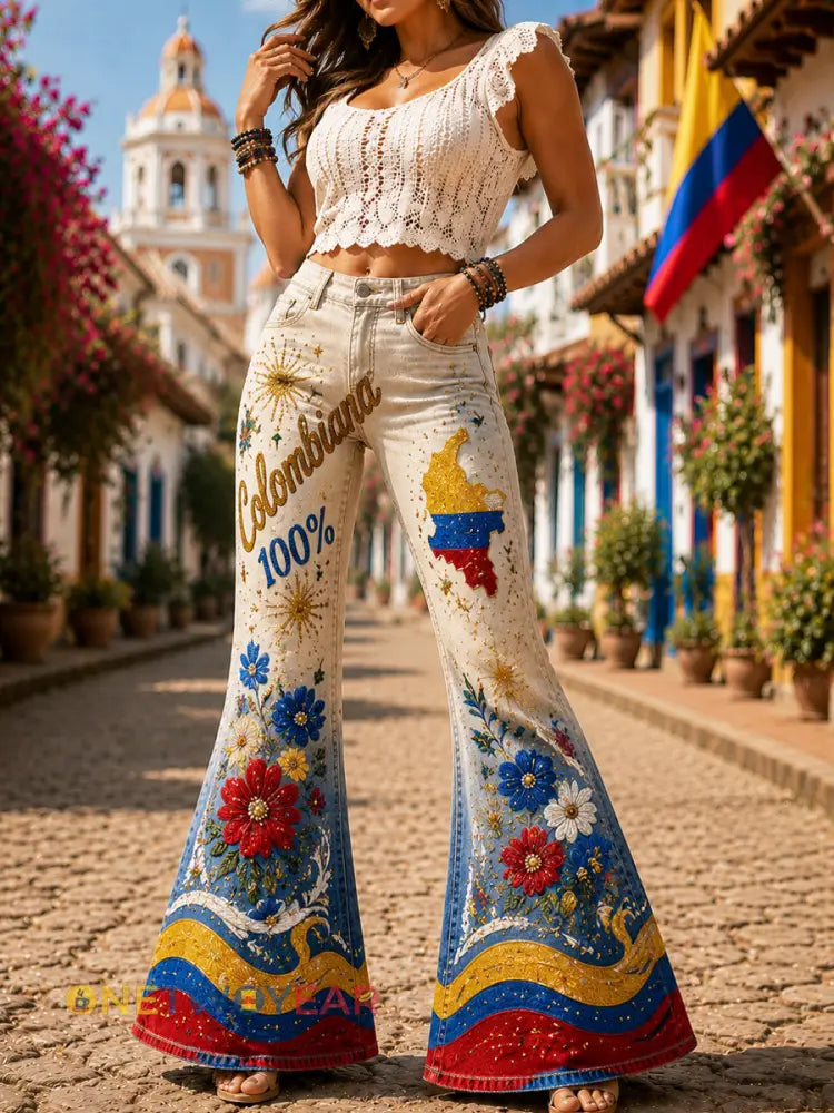 Mujer Retro Columbia Independence Day Floral Gradient Flared Pantalones - como imagen / S
