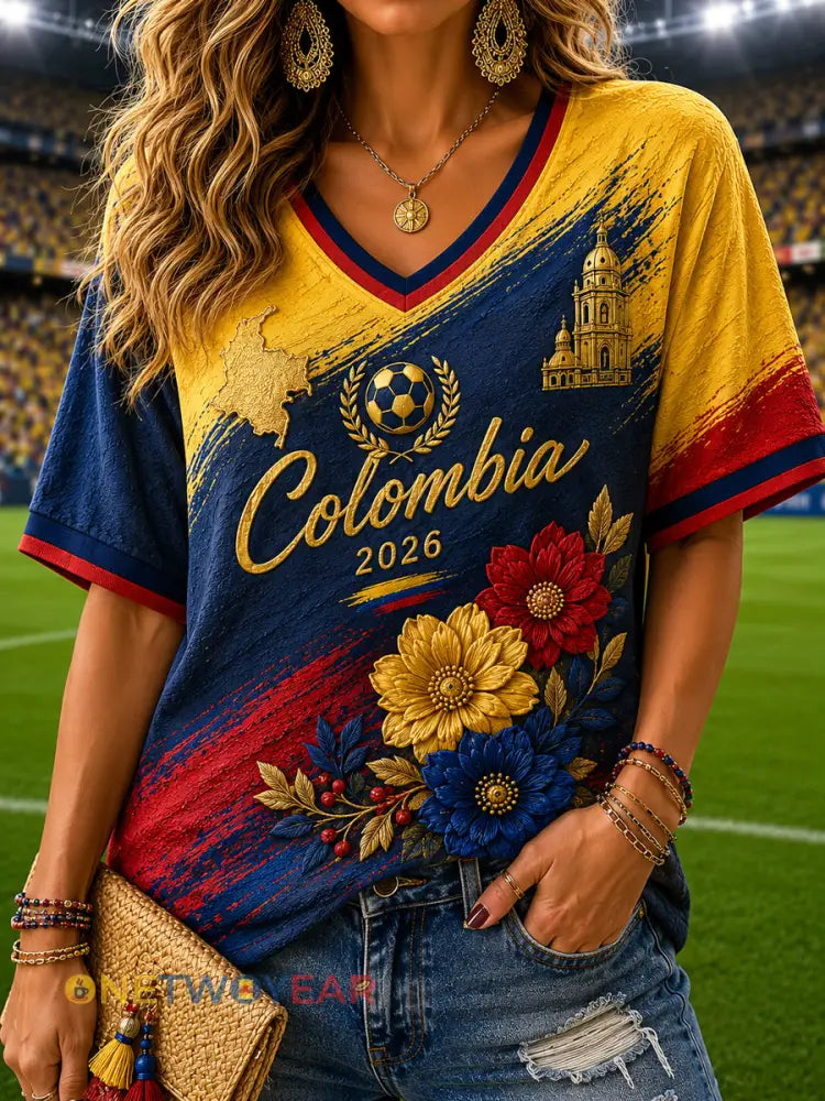Mujer Retro Columbia Soccer Fan Casual V-Neck Top - como imagen / S