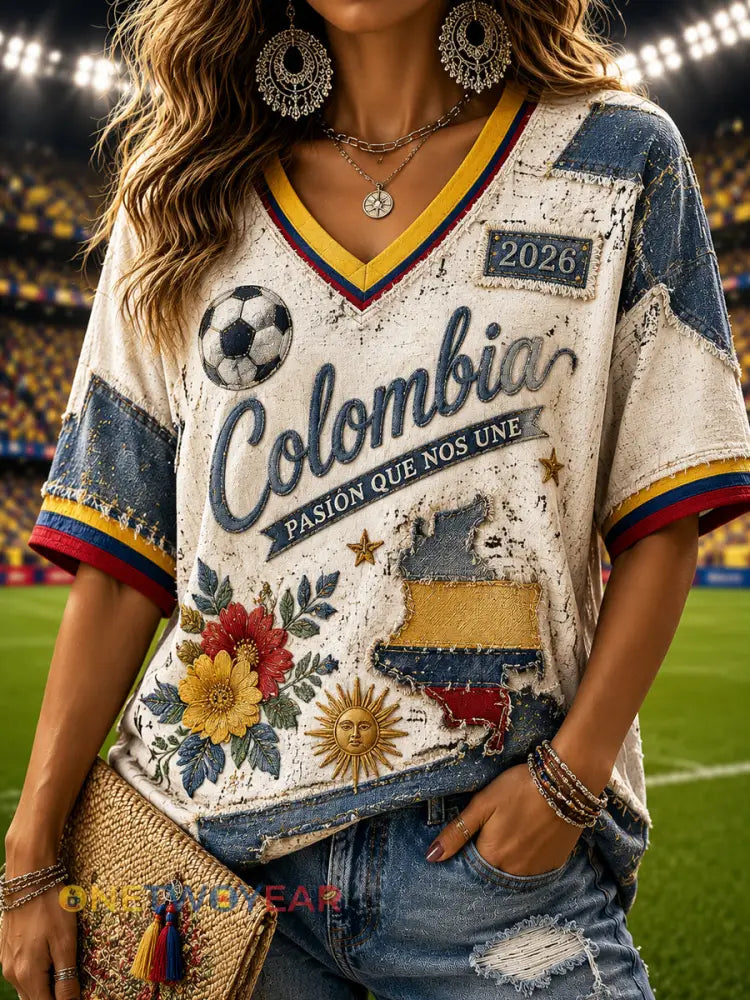 Mujer Retro Columbia Soccer Patchwork Casual V-Neck Top - como imagen / S