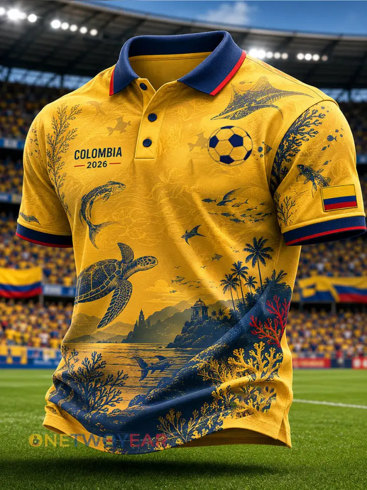 Polo de manga corta unisex estampado casual de fútbol colombiano 2026 para hombre - como imagen / S