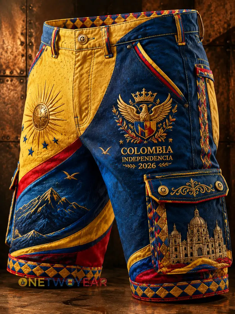 Retro Columbia Independence Day Patchwork Casual Pantalones cortos de trabajo para hombres - como imagen / S