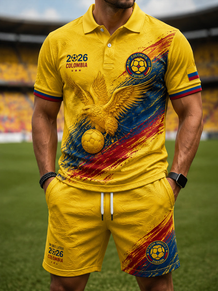 Conjunto retro de 2026 de fútbol colombiano: camiseta polo y pantalones cortos de las “Águilas Andinas”