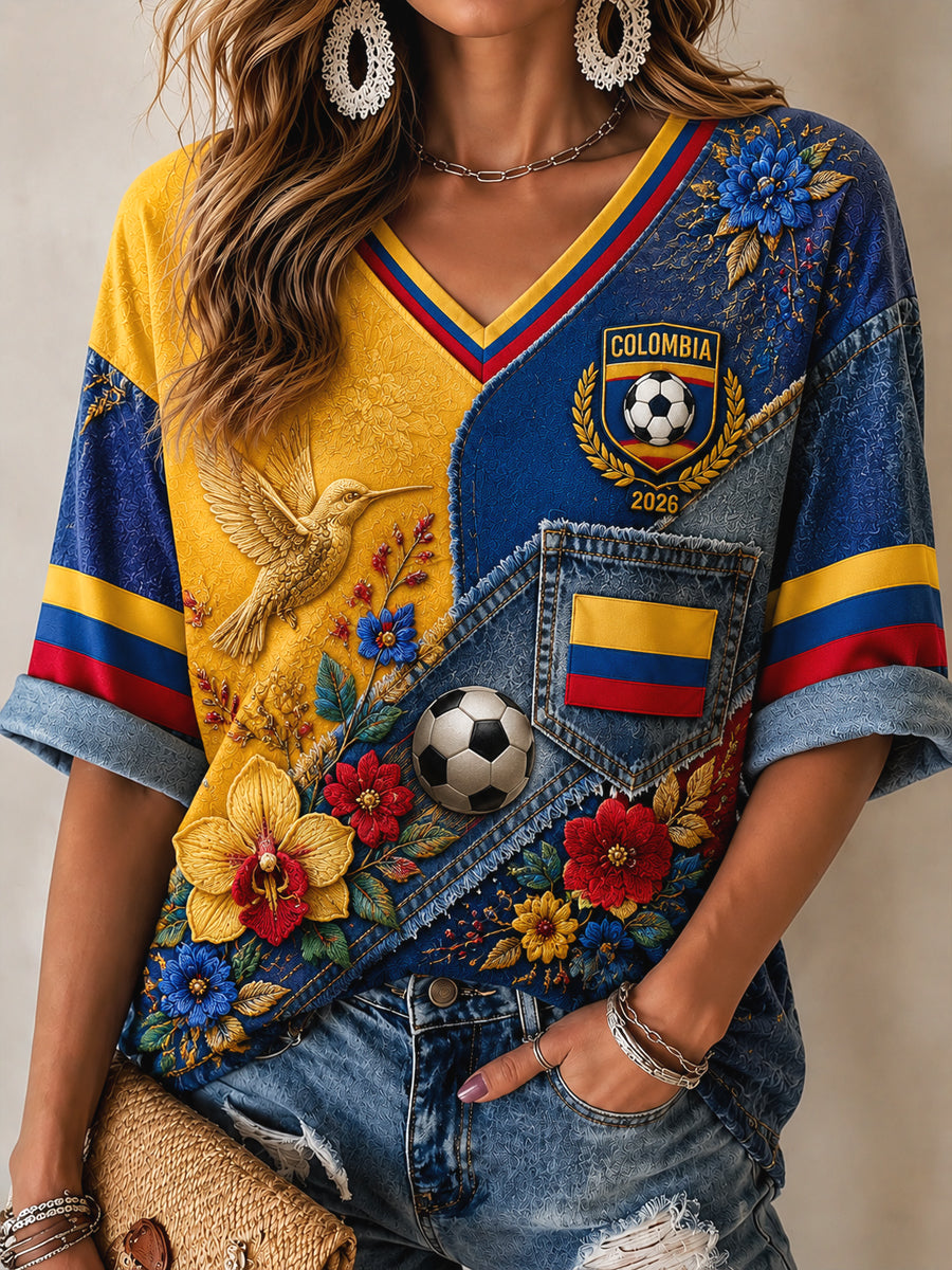 Camiseta Mujer 2026 Colombia Soccer Floral Patchwork