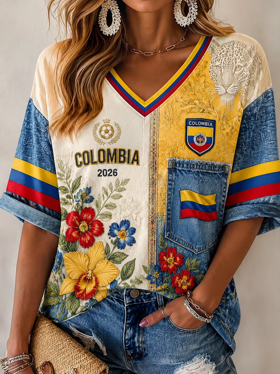Mujeres 2026 Colombia Fútbol Patchwork Casual V-cuello camiseta