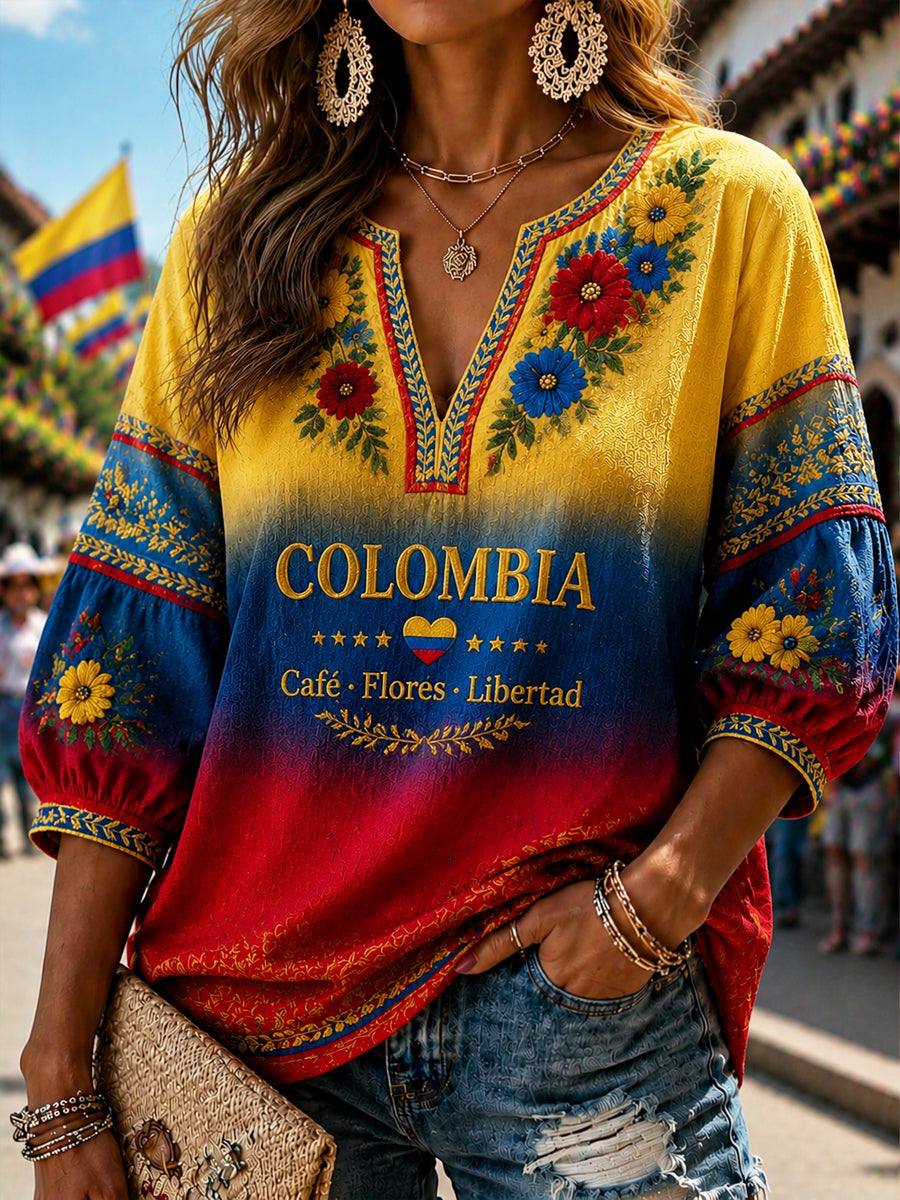 Top con cuello en V 2026 Colombia Gradient Floral Art para mujer
