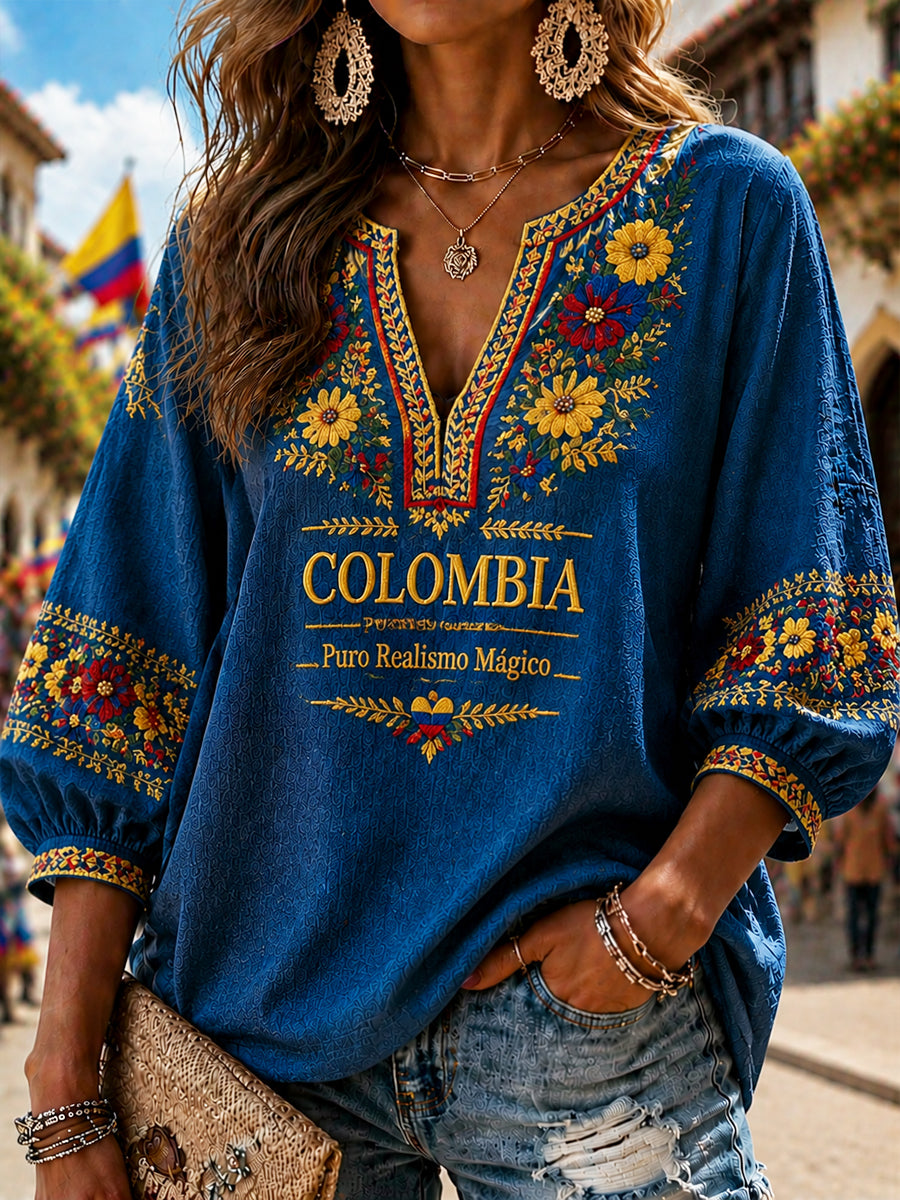 Top con cuello en V 2026 Colombia Independence Day Floral Art para mujer