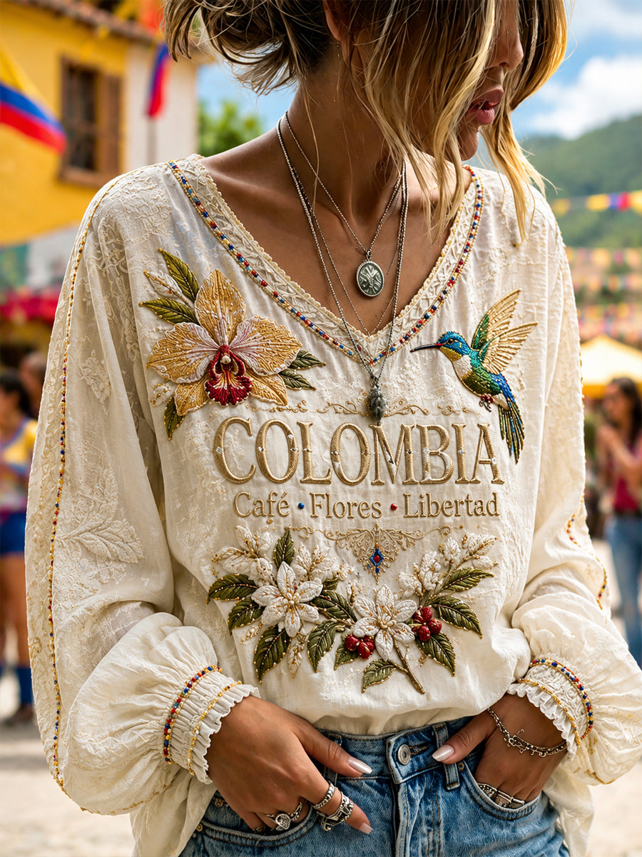 Mujer Retro Columbia Independence Day Floral V-Neck Top