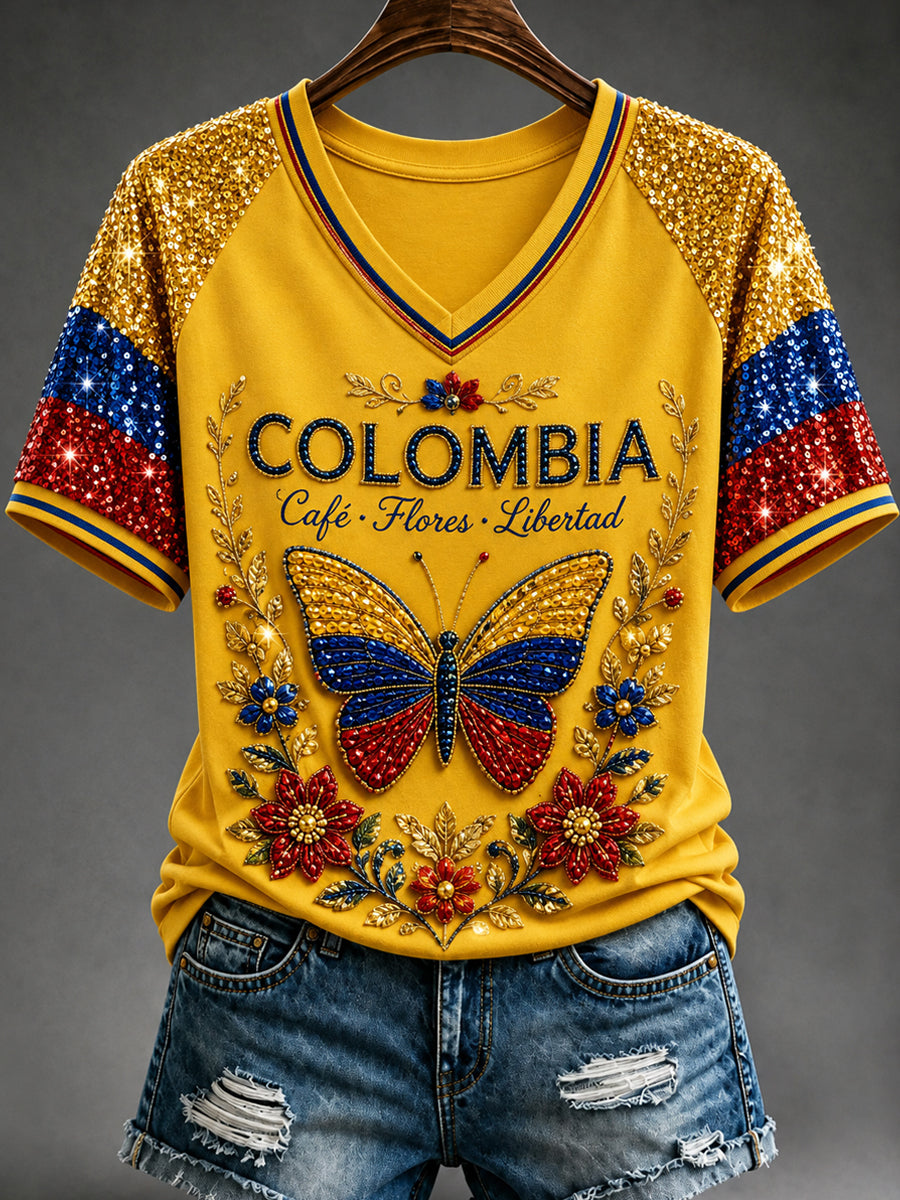 Retro Columbia Floral Patchwork Casual V-cuello de la camiseta de las mujeres