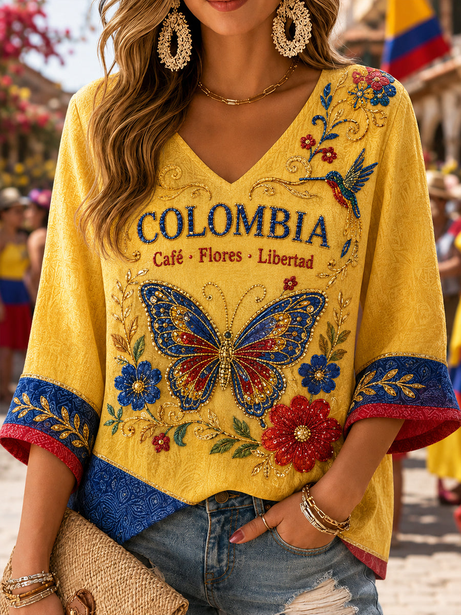 Camiseta Columbia Butterfly Art con cuello en V para mujer