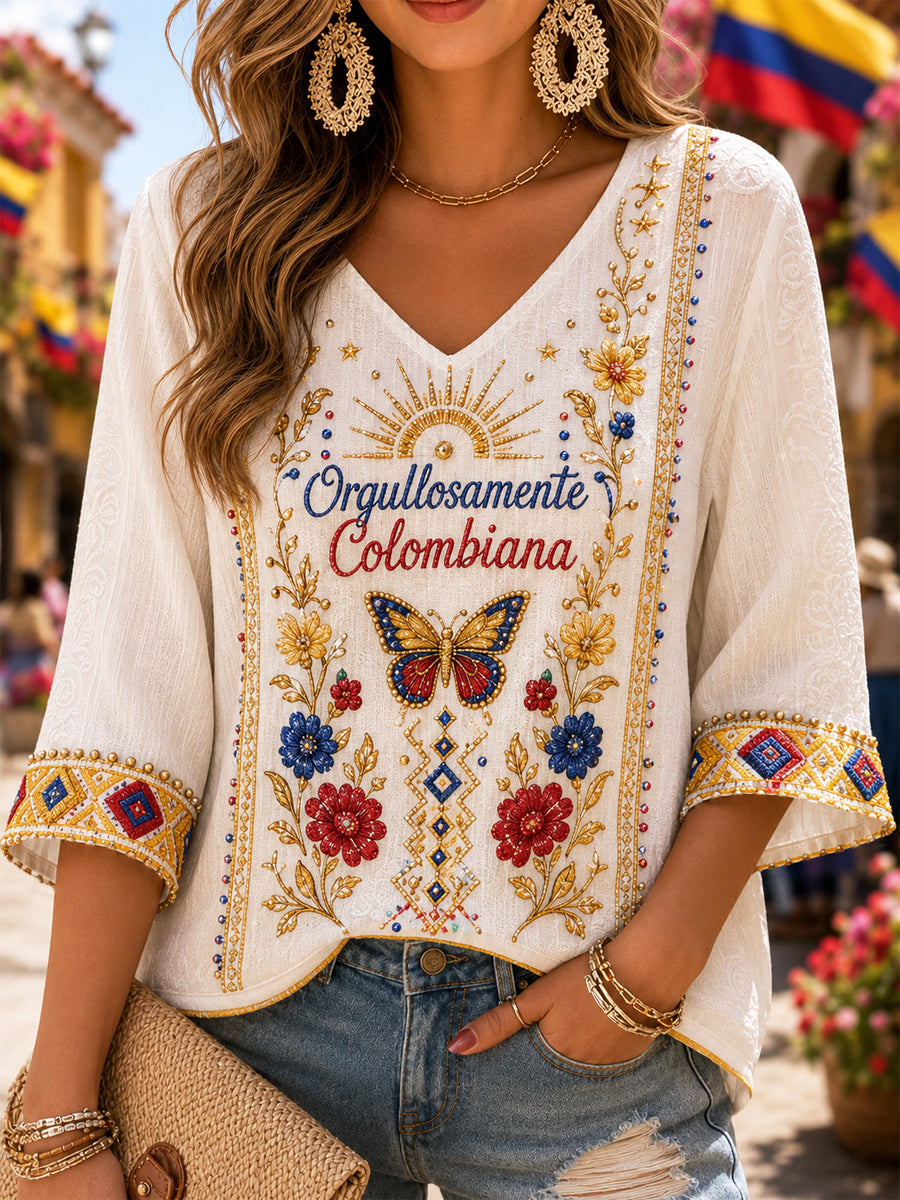 Retro Columbia Floral Butterfly Classic V-Neck Top para mujer