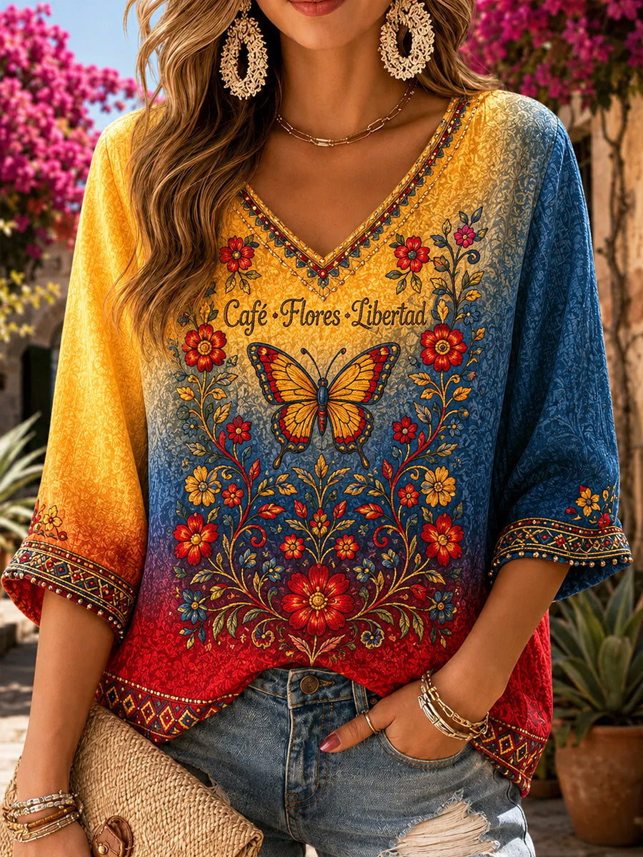 Mujer Retro Columbia Floral Butterfly Gradient Casual V-Neck Top