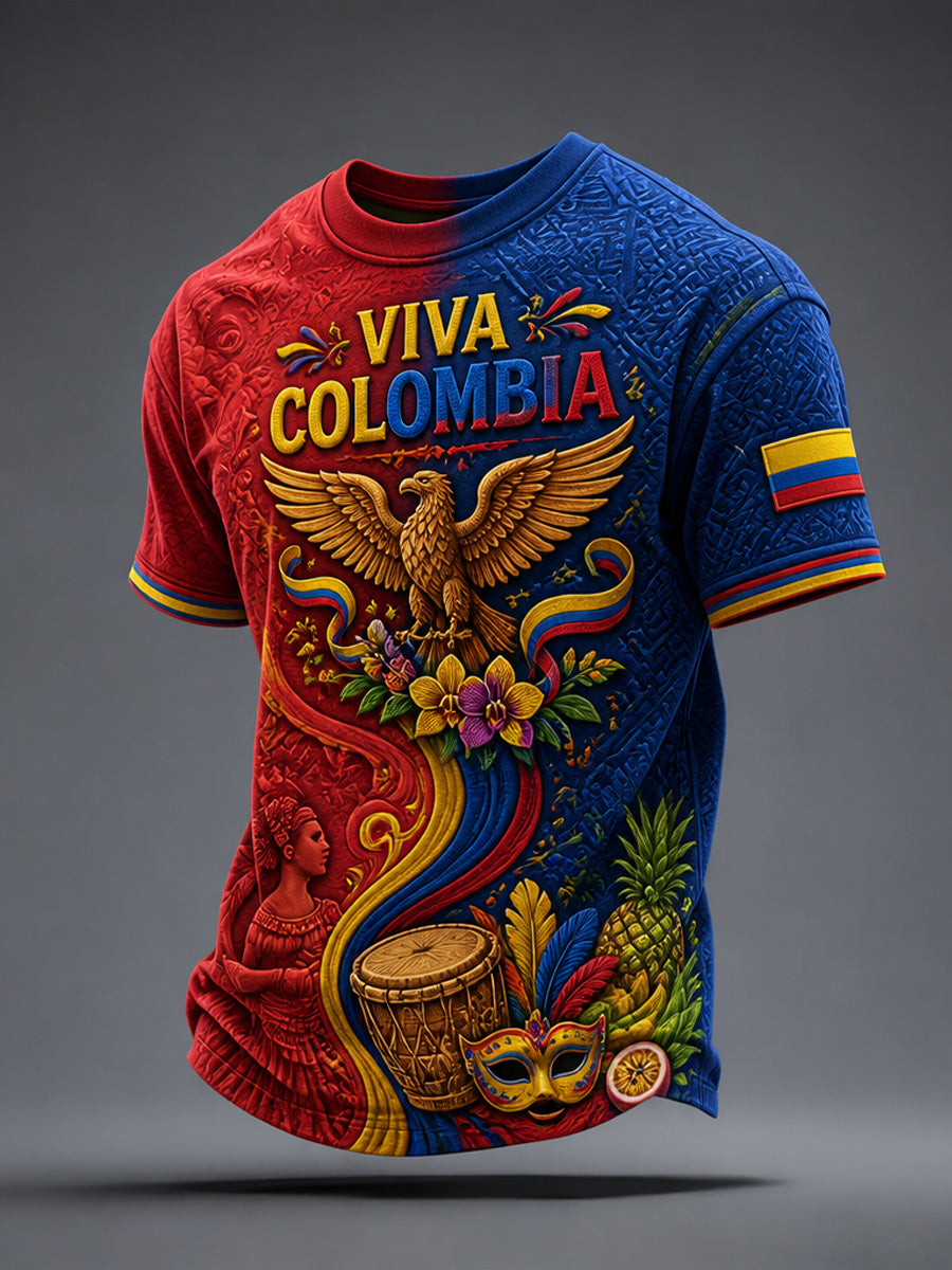 Camiseta informal de manga corta con estampado del Día de la Independencia de Colombia para hombre