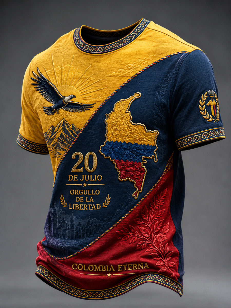 Camiseta informal de manga corta con estampado del Día de la Independencia de Colombia para hombre