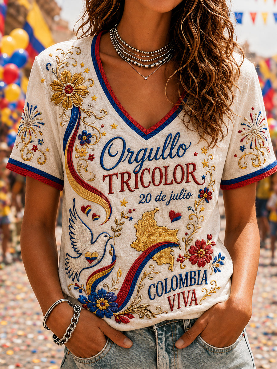 Camiseta informal de manga corta con estampado del Día de la Independencia de Colombia para mujer