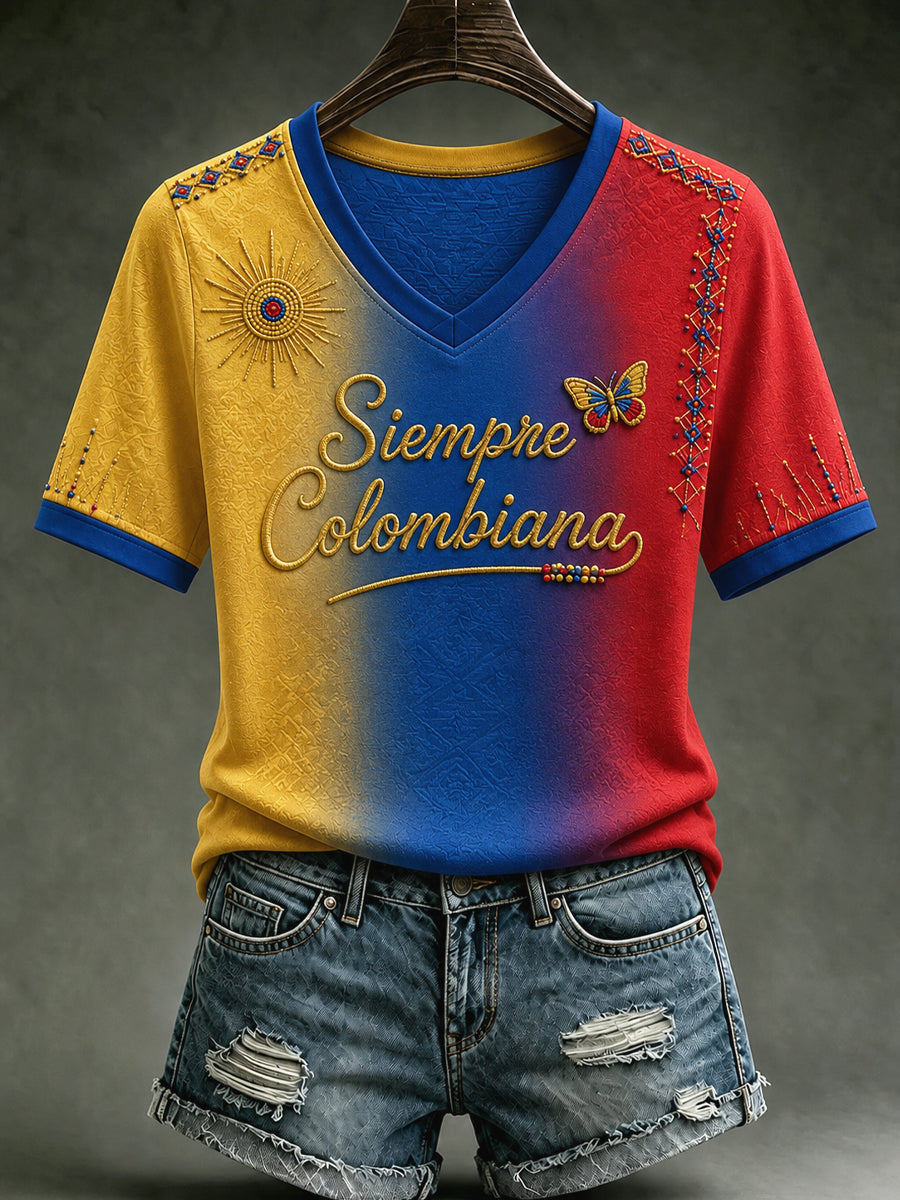 Vintage Columbia Gradient Art Casual Camiseta con cuello en V
