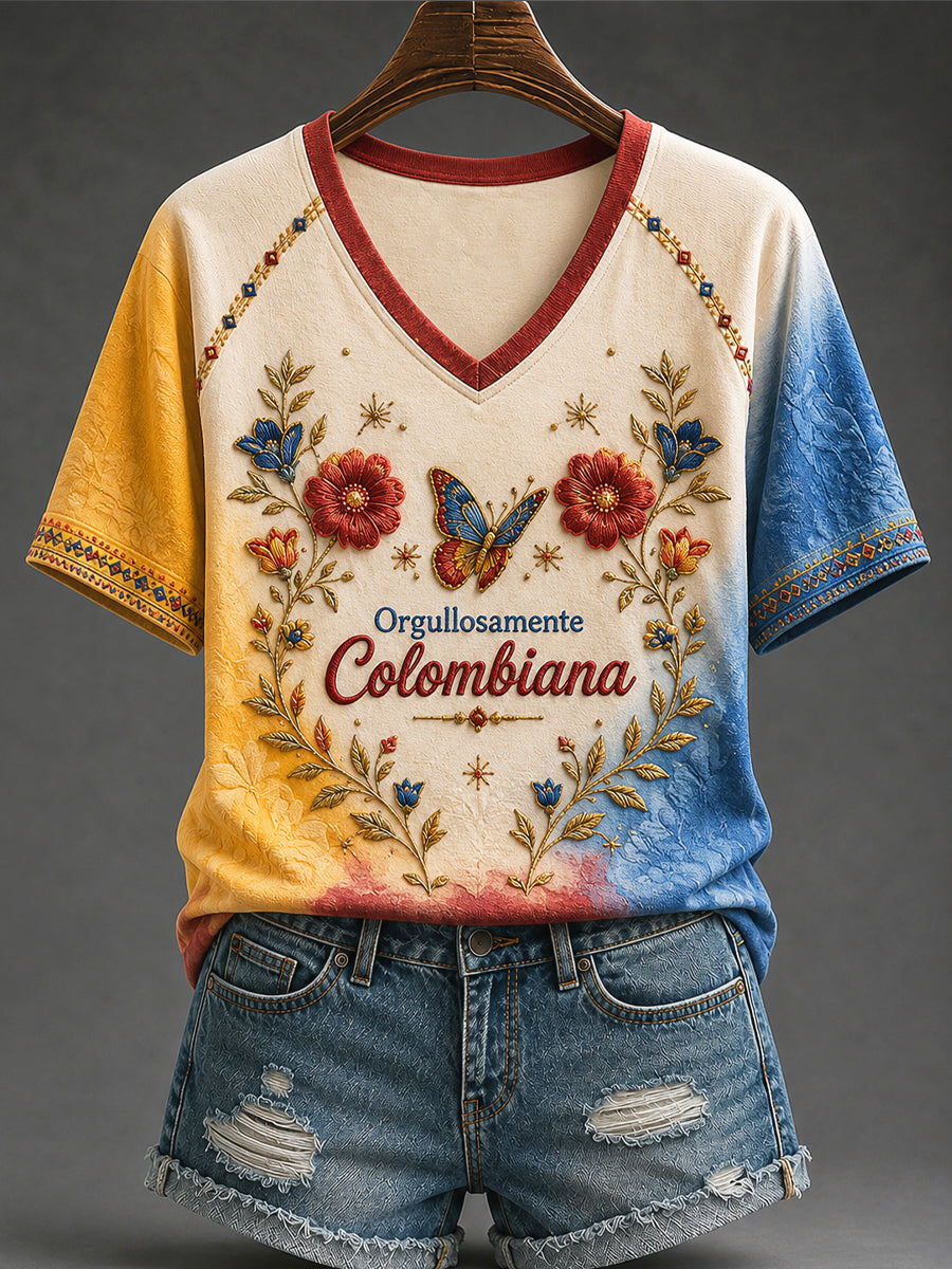 Vintage Columbia Floral Gradiente Casual V-cuello camiseta