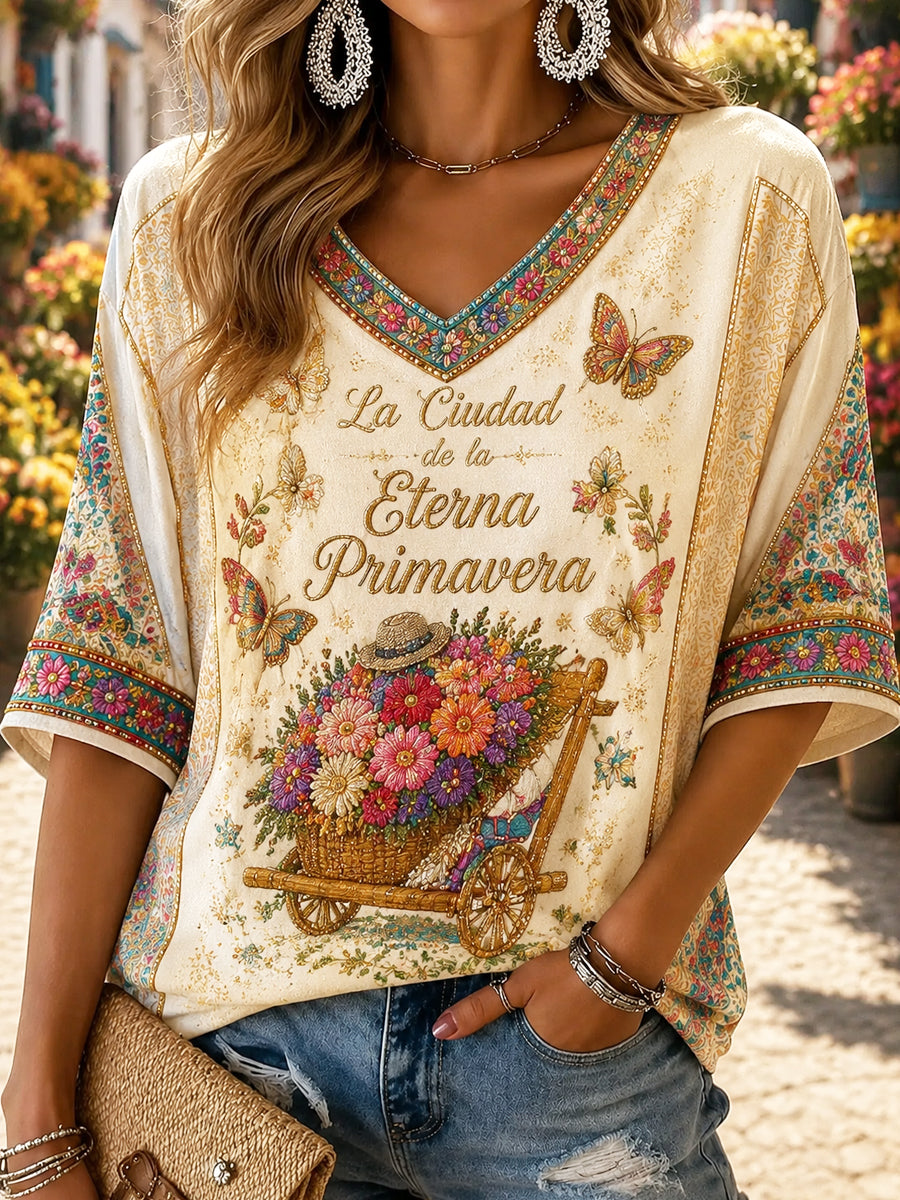 Camiseta con cuello en V para mujer Retro Colombian Flower Festival “Silleta”