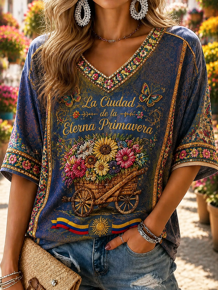 Camiseta con cuello en V para mujer Retro Columbia Flower Festival Art