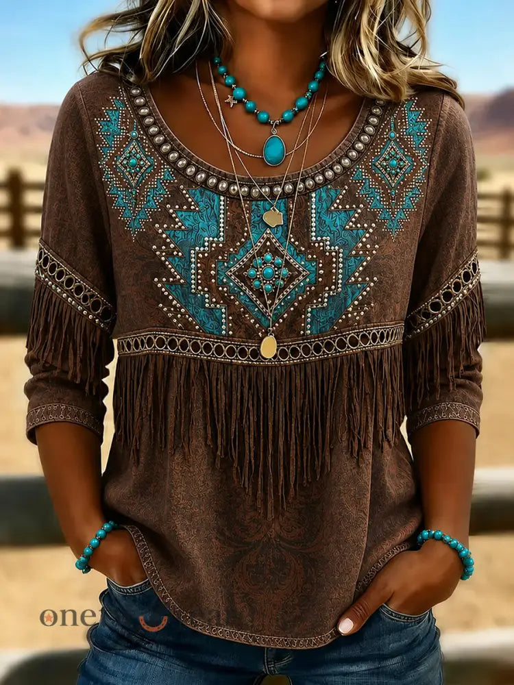 Women’s Ethnic Western Pattern Tassel Print Linen Mid-sleeved T-shirt - Dark Brown / S