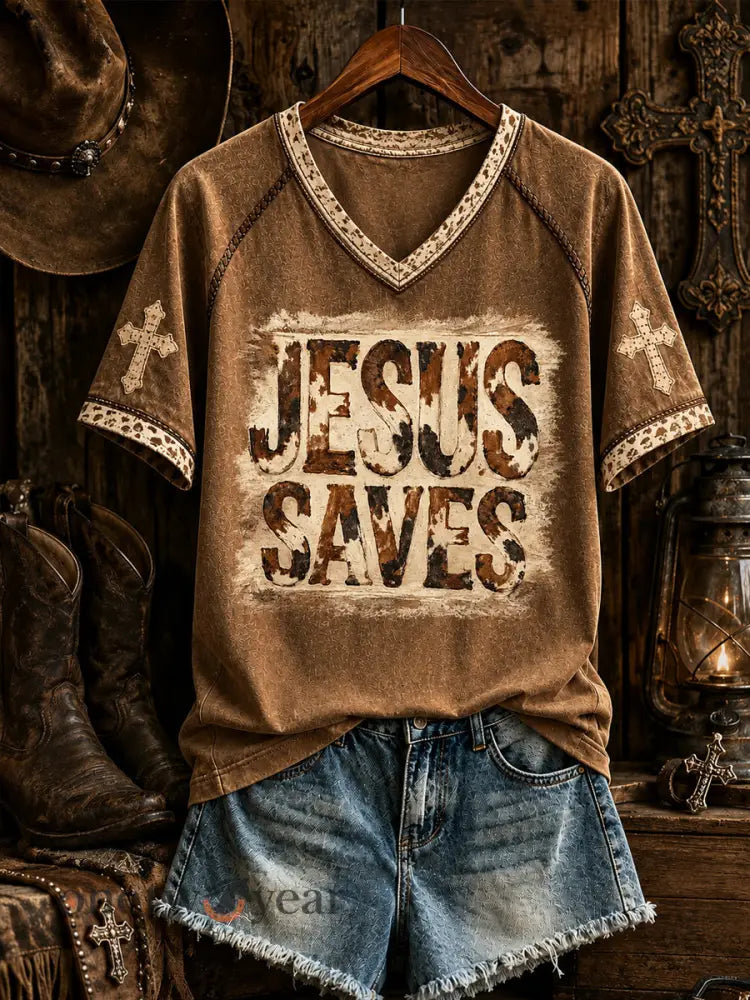 Women’s Retro Western Christian JESUS SAVES Cross Short Sleeve T-shirt - As picture / S