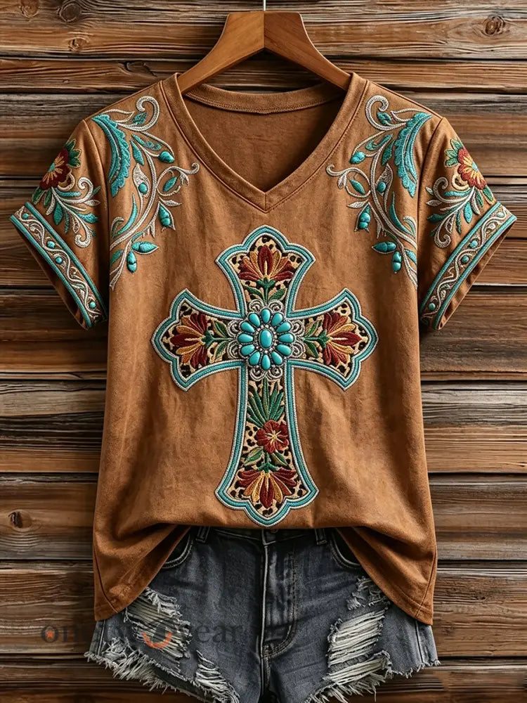 Women’s Retro Western Floral Turquoise Cross Print Short-sleeved T-shirt - Brown / S