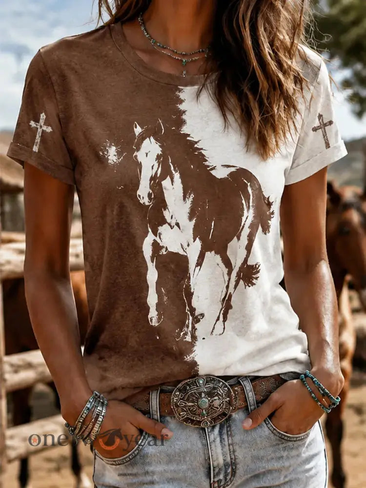 Women’s Retro Western Horse Short Sleeve T-shirt - As picture / S