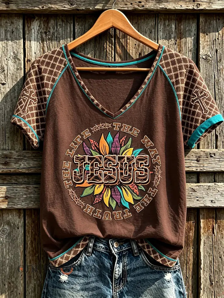 Women’s retro western style faith slogan pattern printed casual short-sleeve T-shirt - Dark Brown / S